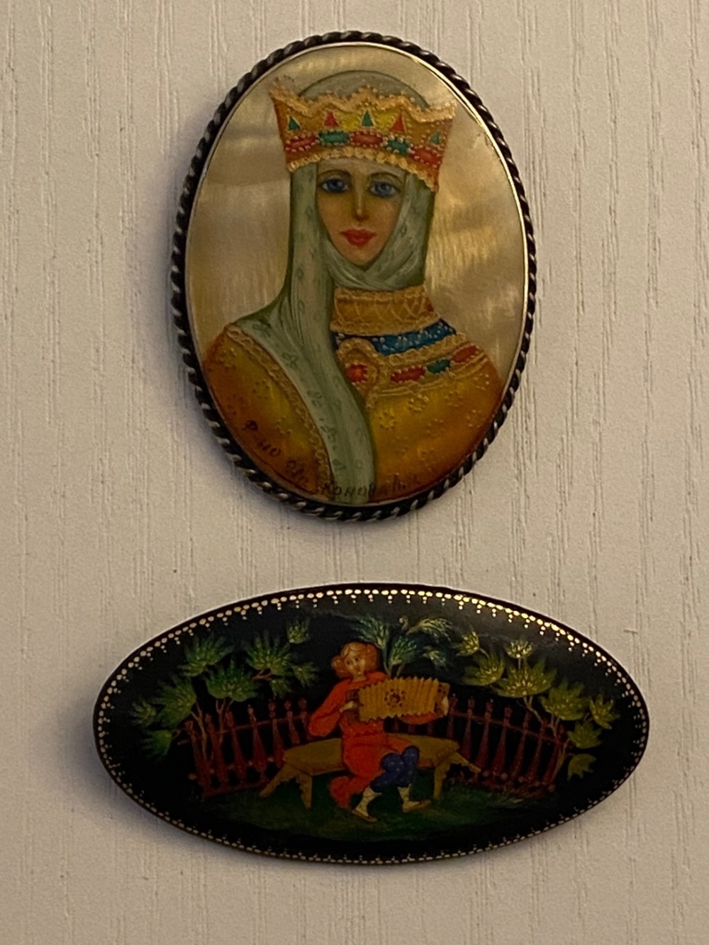 Vintage Soviet Union Hand Painted Palekh Lacquer Brooch Pins (set of 2)